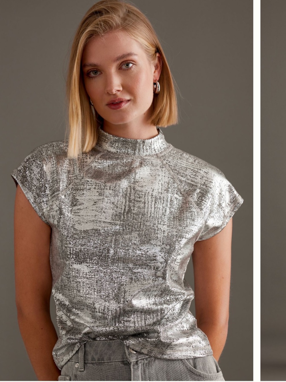 Pilcro by Antropologie - Metallic Silver Mock-Neck Cap-Sleeve Top